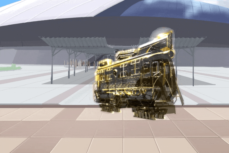 Animated train scene used as a React Three.js post-processing example.