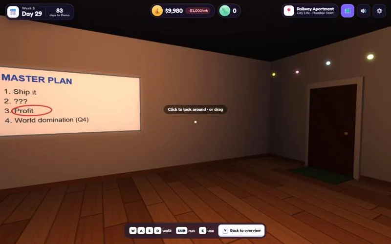 First person: walk the room as the founder, past the Master Plan.