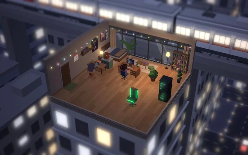 ...and a railway apartment at blue hour, with trains passing through the towers.