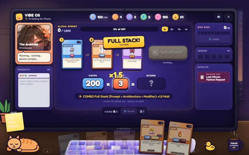 Vibe OS: chain one to three cards, in order, into Chips × Mult. Prompt + Architecture + Modifier makes a Full Stack combo.